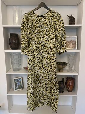 Yellow Floral Midi Dress - Women's Elegant Puff Sleeve